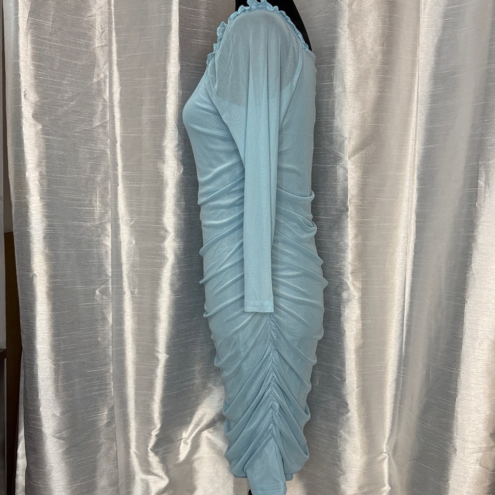 Wulful Ruched Ruffle Dress Jrs 13-14 Lt Blue Sheer Sleeve Lined Square Neck - Picture 5 of 8